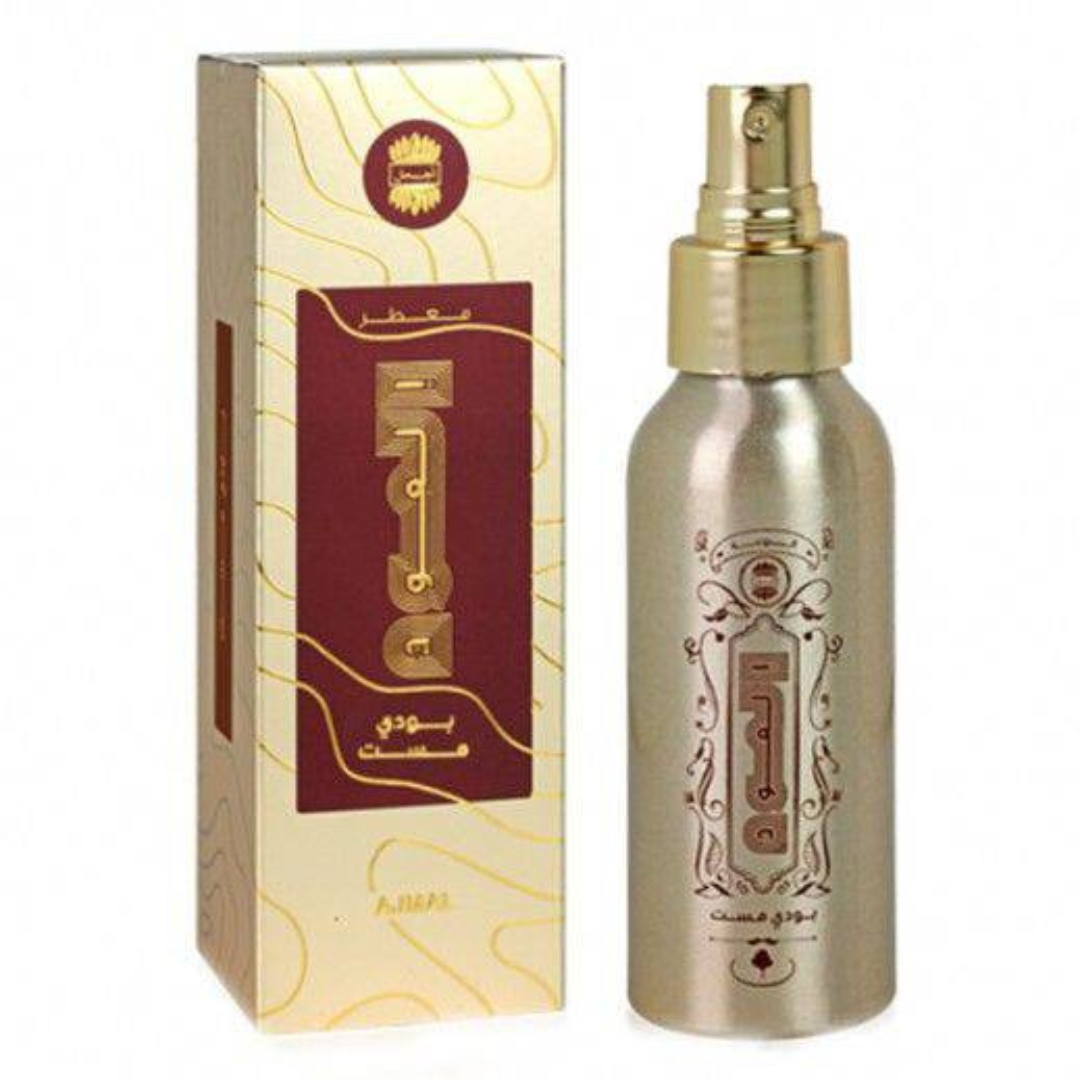 Ajmal Oudh Body Mist in a 100ml spray bottle, featuring a sleek design and a luxurious oud fragrance.