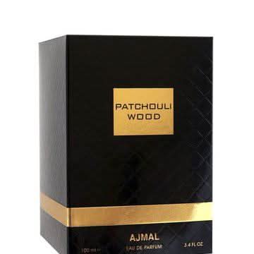 Ajmal Patchouli Wood EDP 100ml bottle with sleek design, showcasing elegant glass container for this woody, aromatic perfume.