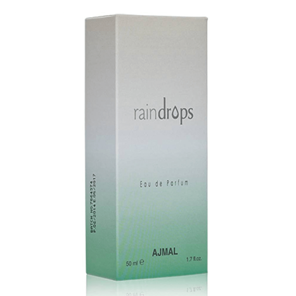 Ajmal Raindrop for Women EDP 50ml bottle, elegant floral and fruity scent, showcased in a sleek glass bottle.
