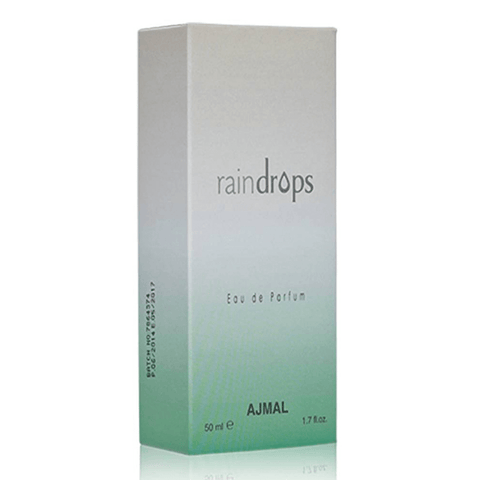 Ajmal Raindrop for Women EDP 50ml bottle, elegant floral and fruity scent, showcased in a sleek glass bottle.