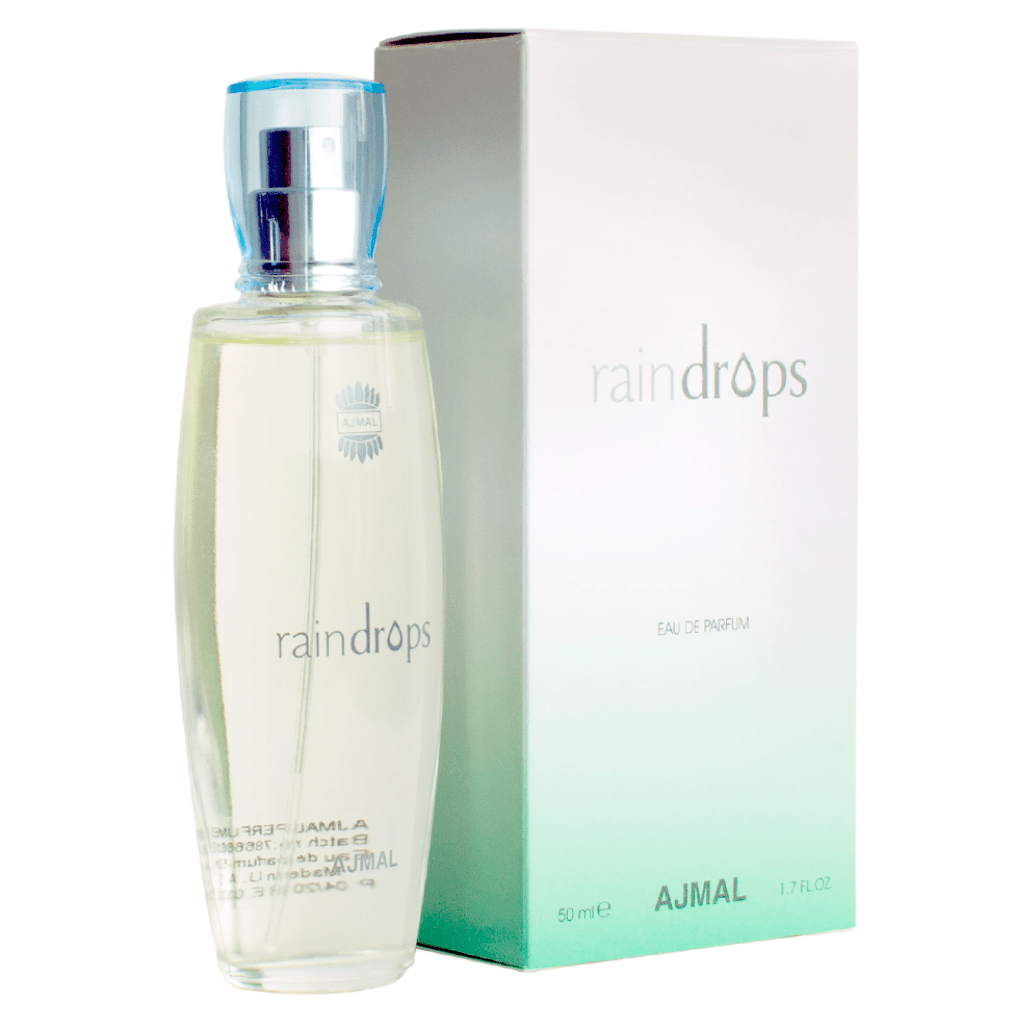 Ajmal Raindrop Women EDP 50ml bottle showing elegant glass perfume bottle with floral and fresh scent notes