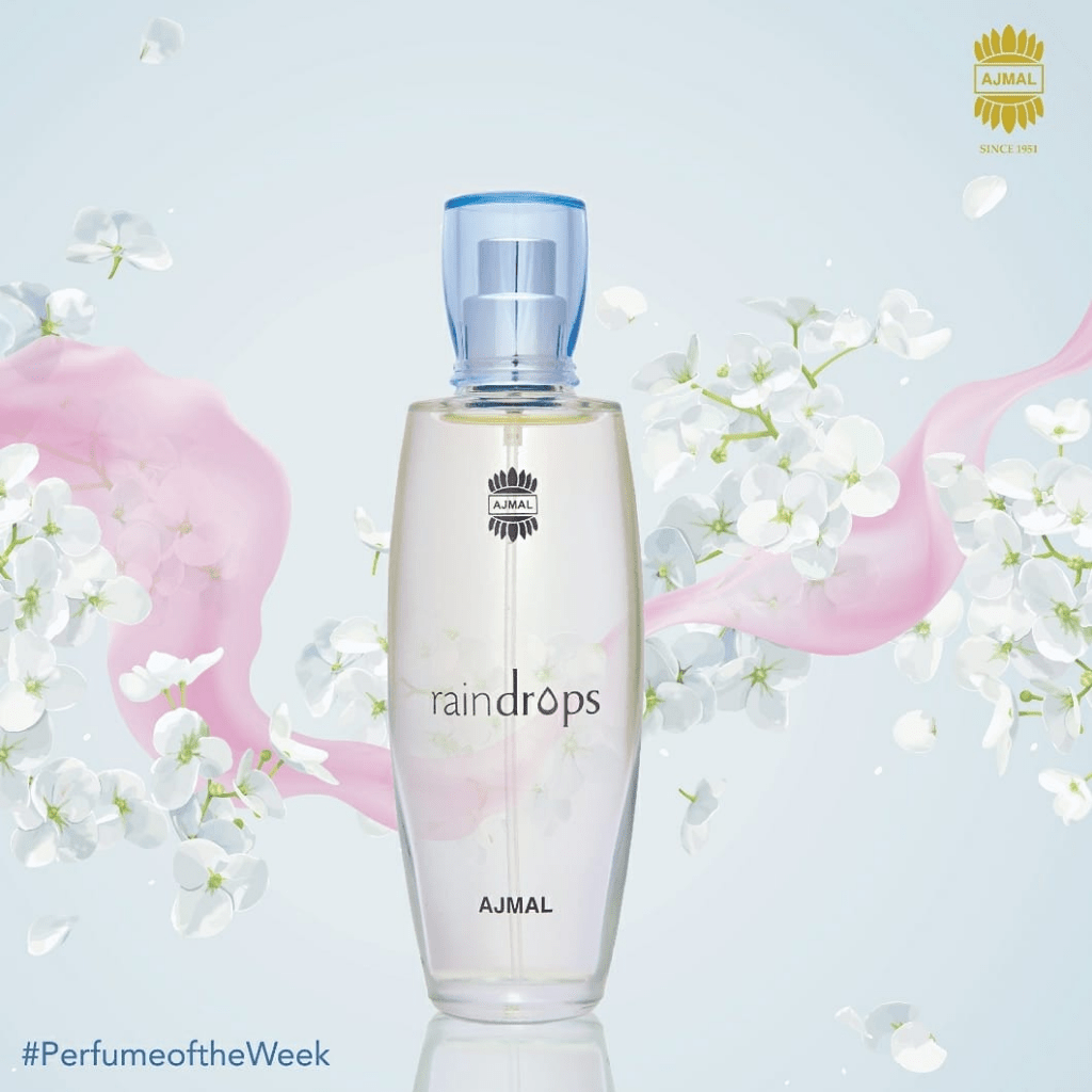 Ajmal Raindrop for Women EDP 50ml bottle, elegant glass perfume bottle with floral and fresh scent details visible.