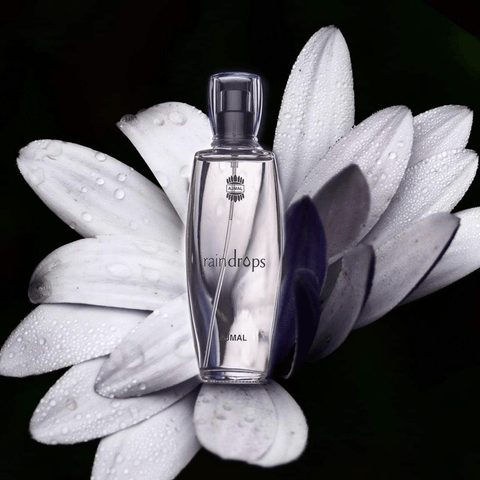 Ajmal Raindrop for Women Eau De Parfum 50ml bottle, elegant fragrance bottle with floral design and silver accents.