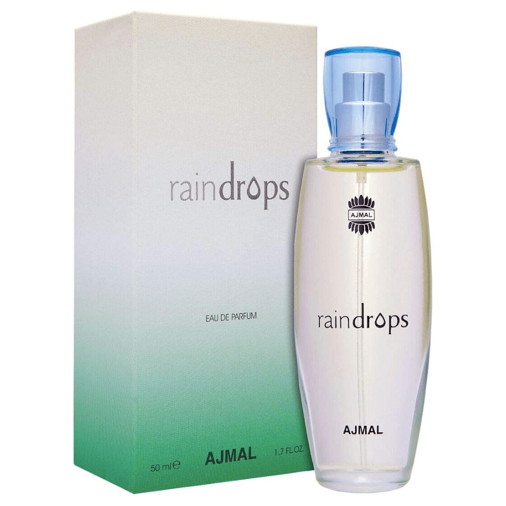Ajmal Raindrop Women EDP perfume bottle, 50ml (1.7 oz), elegant glass bottle with floral accents, showcasing the Ajmal fragrance product.
