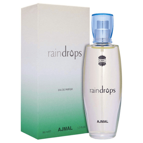 Ajmal Raindrop Women EDP perfume bottle, 50ml (1.7 oz), elegant glass bottle with floral accents, showcasing the Ajmal fragrance product.