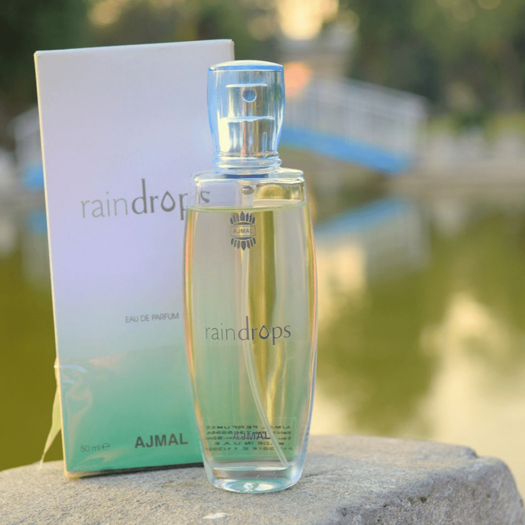 Ajmal Raindrop for Women EDP 50ml bottle, elegant floral fragrance in a clear glass perfume bottle.