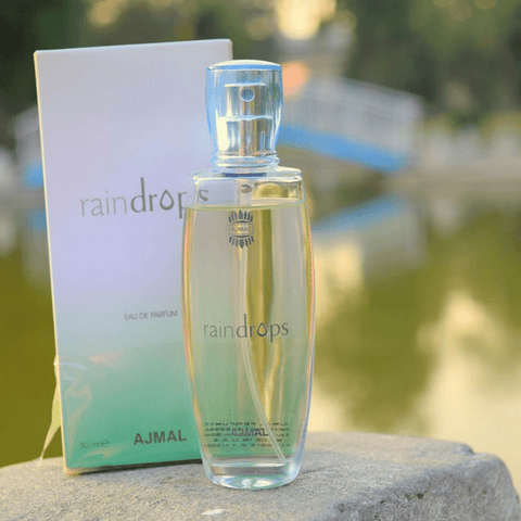 Ajmal Raindrop for Women EDP 50ml bottle, elegant floral fragrance in a clear glass perfume bottle.