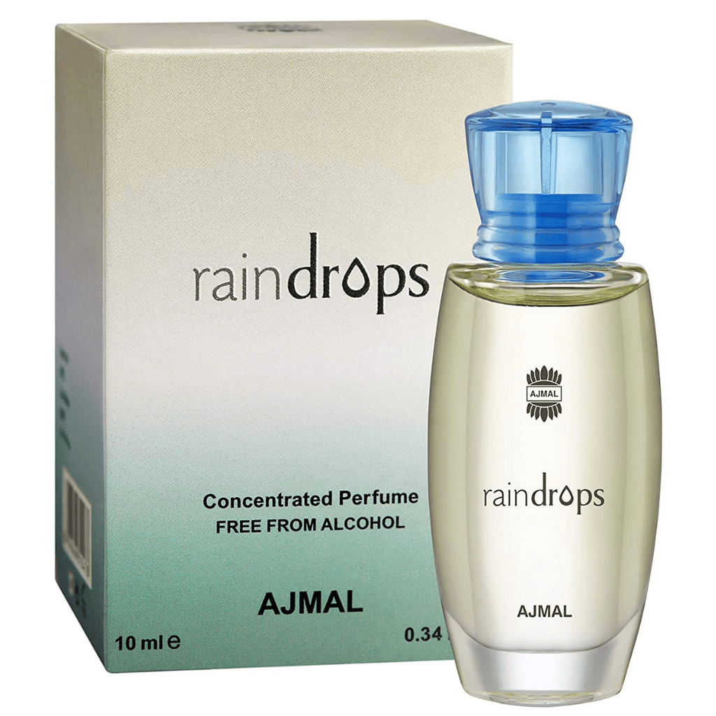Ajmal Raindrops Perfume Oil 10ml bottle with packaging, concentrated perfume oil in a sleek glass bottle.