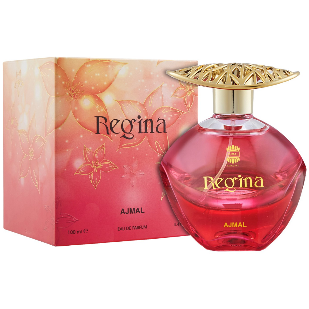 Ajmal Regina Women Eau De Parfum bottle, 100ml, front view showcasing elegant design and fragrance packaging.