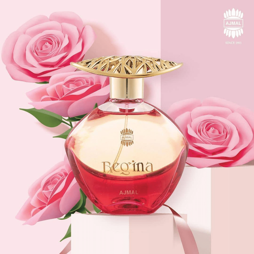Ajmal Regina for Women Eau De Parfum 100ml bottle, elegant fragrance with floral and fruity notes, in a sophisticated glass bottle.