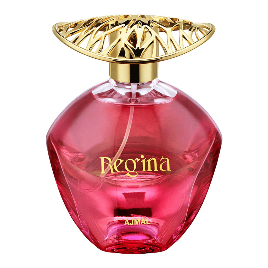 Ajmal Regina Women Eau De Parfum 100ml bottle with elegant pink and gold packaging, showcasing the floral fragrance design.