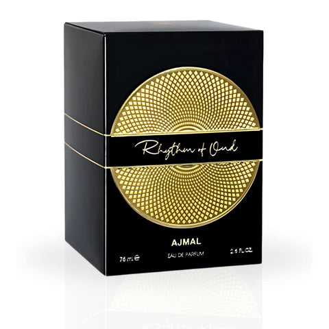 Ajmal Rhythm of Oud Eau de Parfum spray 75ml bottle, featuring elegant packaging and scent details.