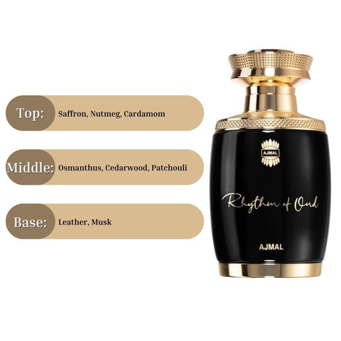 Ajmal Rhythm of Oud Eau de Parfum spray bottle, 75ml, featuring a sleek design and elegant packaging.