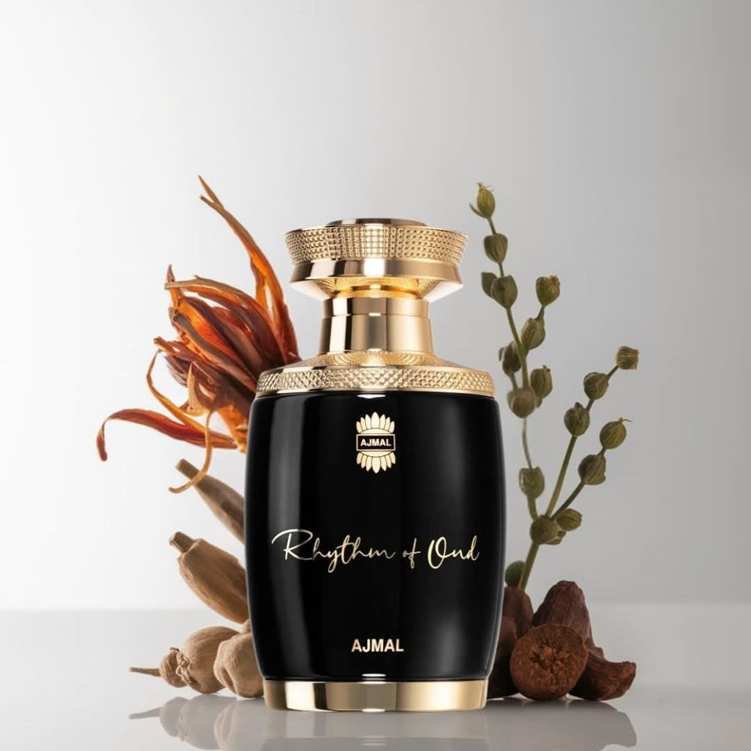 Ajmal Rhythm of Oud Eau de Parfum spray bottle, 75ml, showcasing the elegant packaging and design.