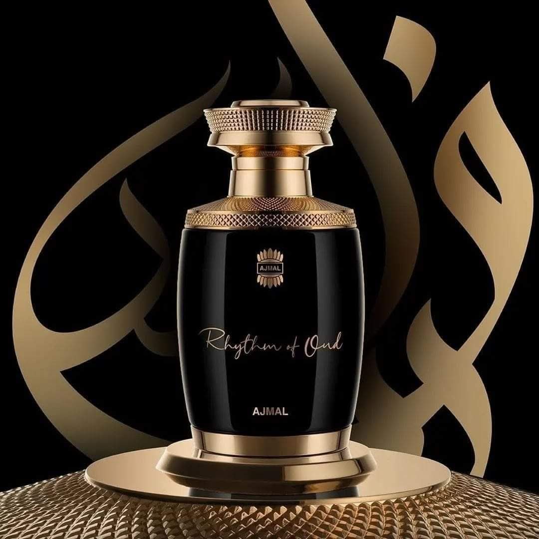 Ajmal Rhythm of Oud Eau de Parfum spray bottle, 75ml, with elegant packaging and fragrance details visible.