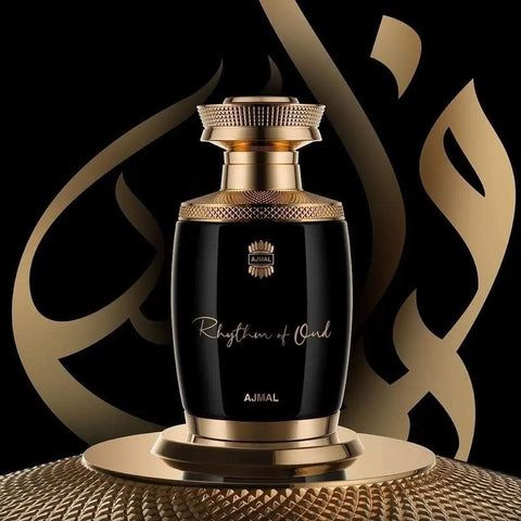 Ajmal Rhythm of Oud Eau de Parfum spray bottle, 75ml, with elegant packaging and fragrance details visible.