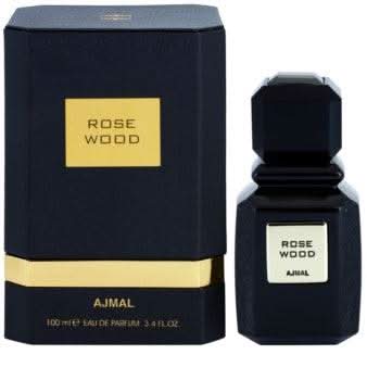 Ajmal Rose Wood Eau De Parfum 100ml bottle with elegant packaging, showcasing the luxurious fragrance of rose and wood notes.