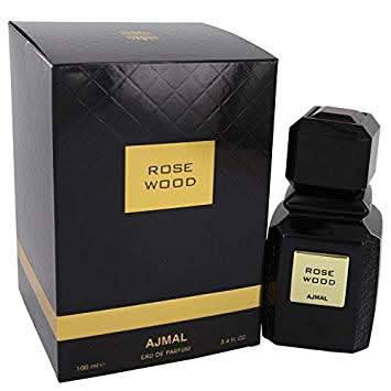Ajmal Rose Wood Eau De Parfum 100ml bottle with elegant packaging, showcasing the luxurious fragrance of rose and woody notes.