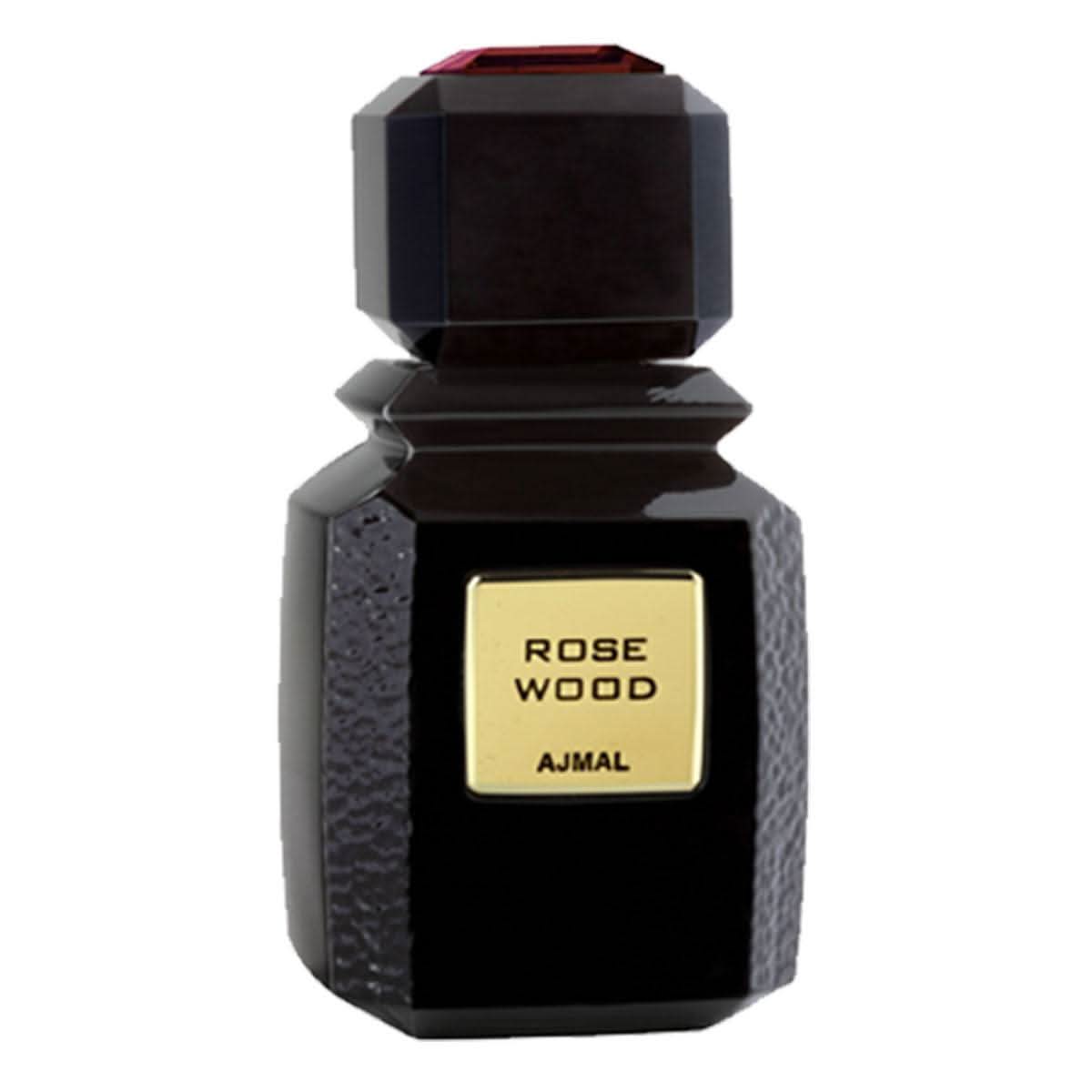 Ajmal Rose Wood Eau De Parfum 100ml bottle with elegant glass design and rosewood accents, showcasing the perfume's luxurious presentation.