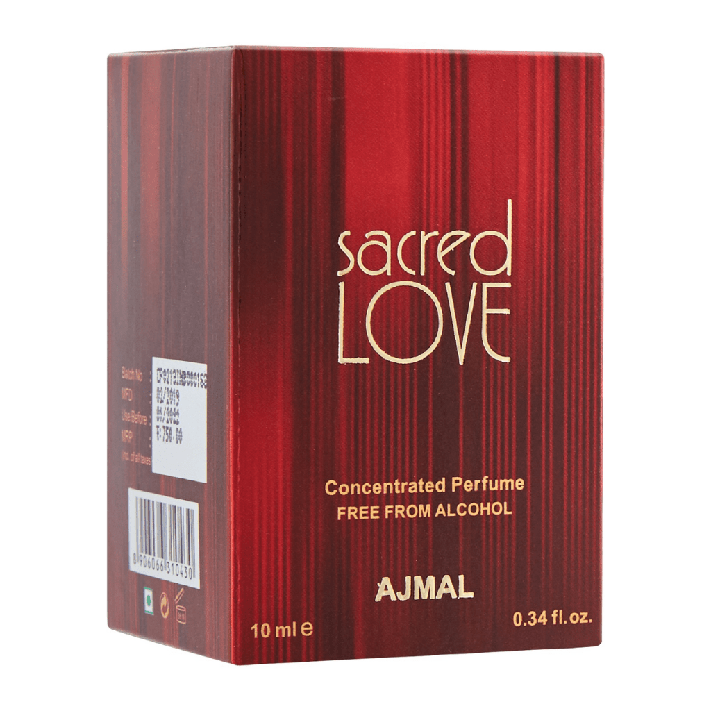 Ajmal Sacred Love perfume oil for women, 10ml, concentrated CPO with elegant bottle and floral fragrance design.