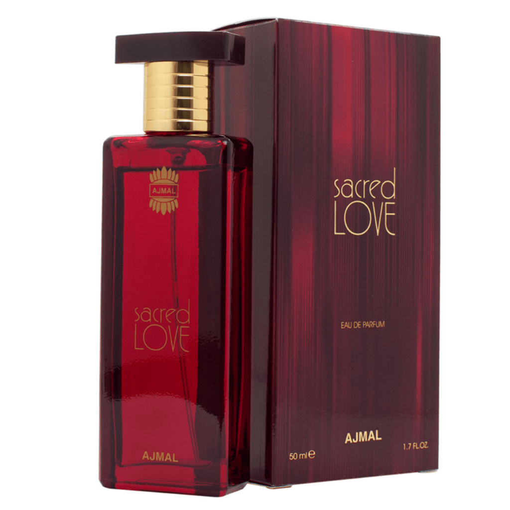 Ajmal Sacred Love for Women Eau De Parfum 50ml bottle, elegant floral fragrance with delicate design on front.