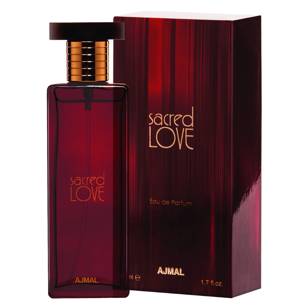 Ajmal Sacred Love for Women Eau De Parfum 50ml bottle with elegant packaging and floral design.