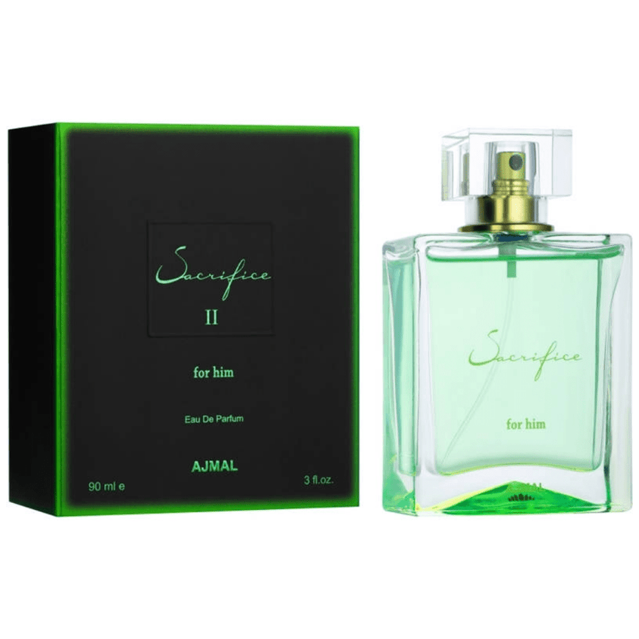 Ajmal Sacrifice for Men 2 Eau De Parfum bottle, 90ml, sleek design with black cap and clear glass showcasing the fragrance