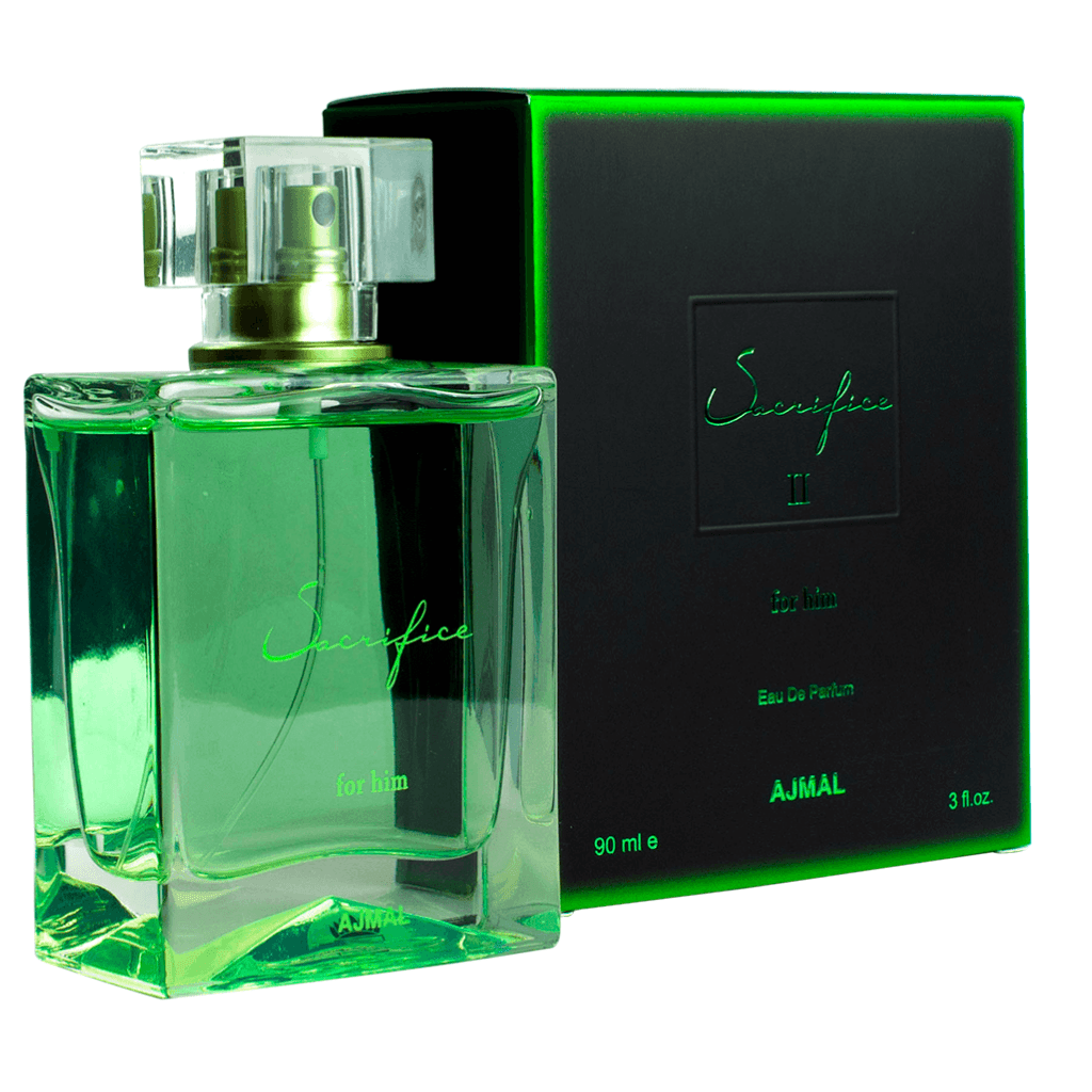 Ajmal Sacrifice for Men 2 Eau De Parfum 90ml bottle, showcasing the sleek design of this men's fragrance.