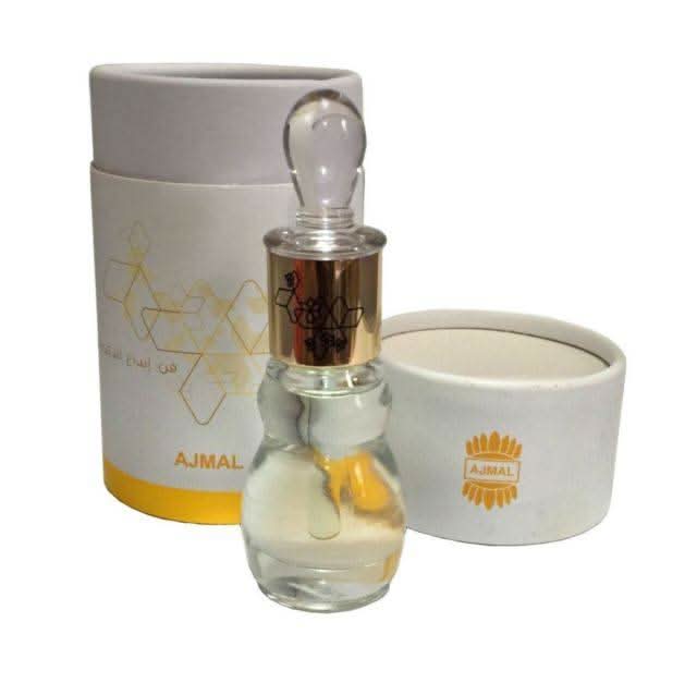 Ajmal Sandal Rose Perfume Oil 12ml in a white bottle, concentrated CPO with floral sandalwood and rose scent.
