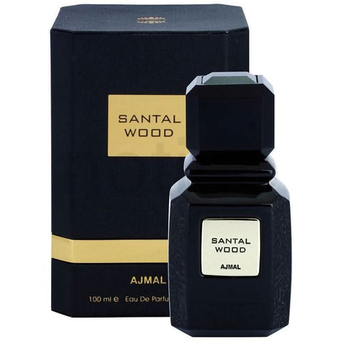 Ajmal Santal Wood Eau De Parfum 100ml bottle with packaging showcasing warm sandalwood scent and elegant design.