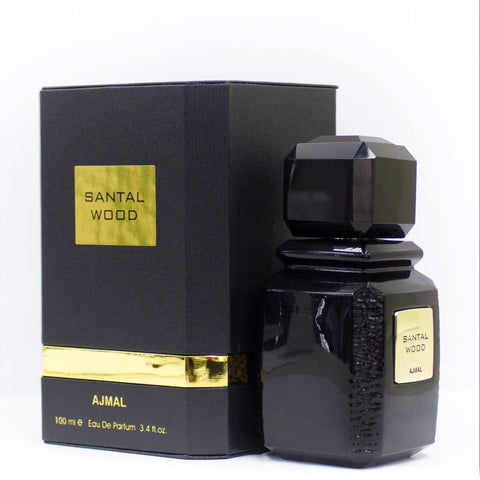 Ajmal Santal Wood Eau De Parfum 100ml bottle with packaging, featuring warm woody scent and elegant design.