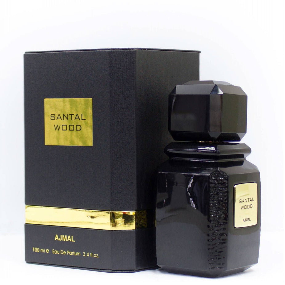 Ajmal Santal Wood EDP 100ml bottle with elegant packaging, showcasing the luxurious scent of sandalwood in a stylish design.