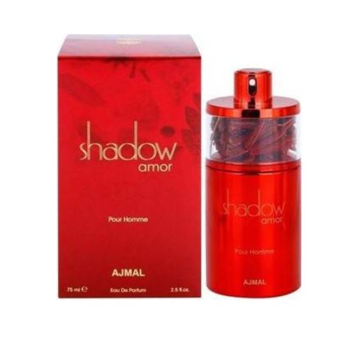 Ajmal Shadow Amor EDP for Men in 75ml bottle, featuring a sleek glass design and sophisticated fragrance.