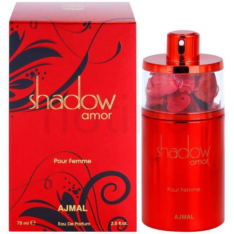 Ajmal Shadow Amor women’s Eau De Parfum bottle and box, 75ml, featuring elegant packaging and floral scent notes.