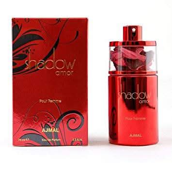 Ajmal Shadow Amor Eau De Parfum for Women 75ml bottle, elegant floral fragrance with modern design.
