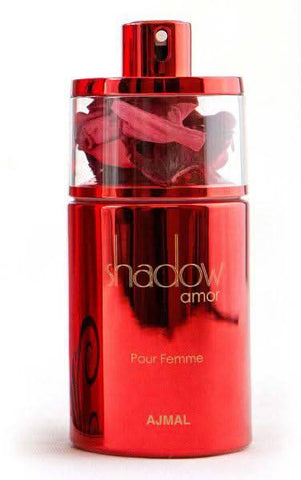 Ajmal Shadow Amor for Women Eau De Parfum 75ml bottle, elegant glass container with floral and woody fragrance elements