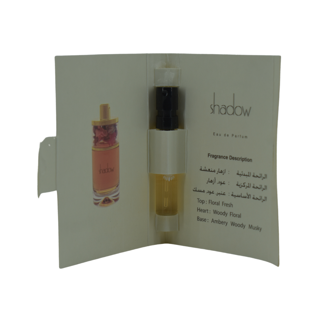 Ajmal Shadow Eau De Parfum 1ML sample bottle with packaging, showcasing the small fragrance vial and design details.