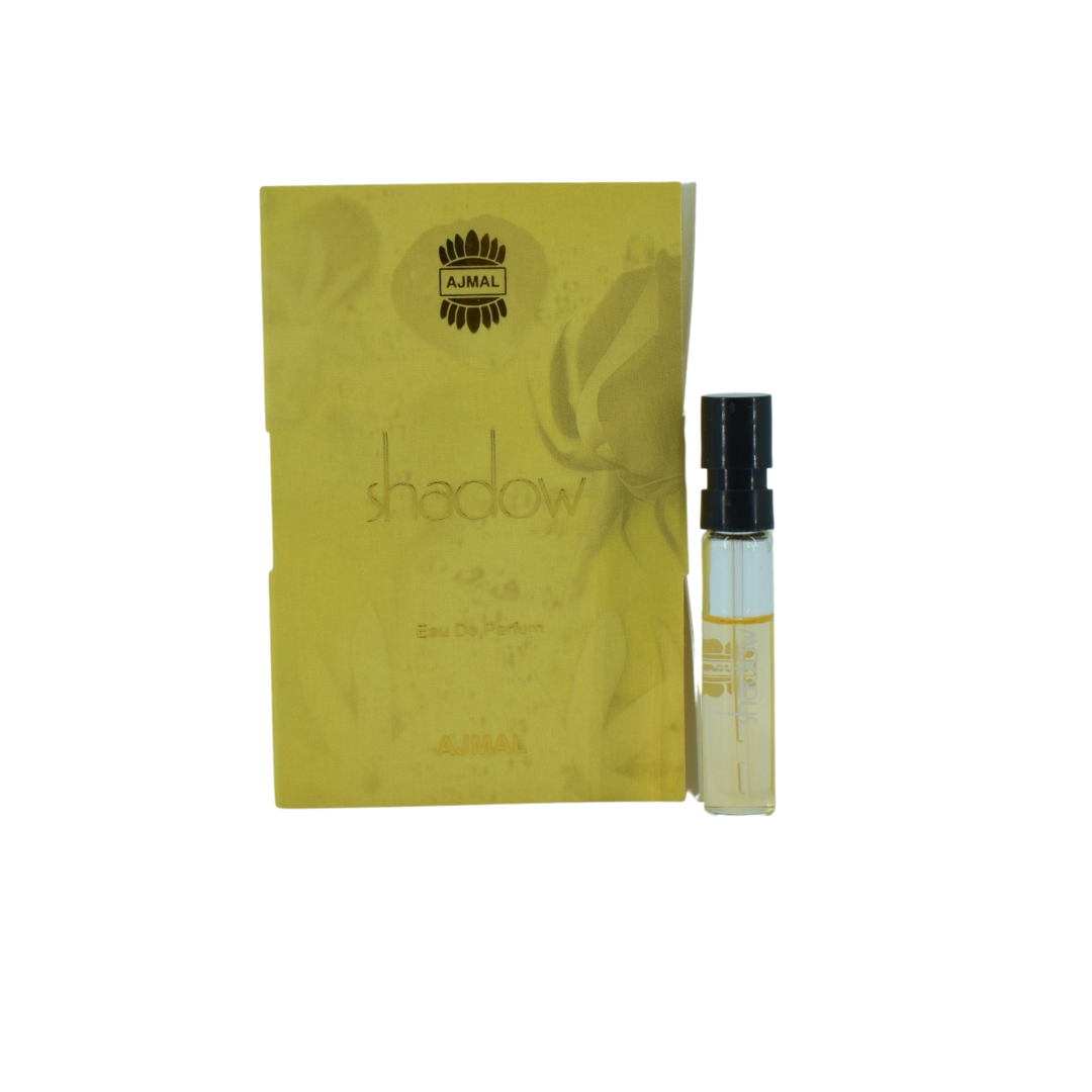 Ajmal Shadow Eau De Parfum 1ML sample bottle on white background, showcasing the small 0.05 oz fragrance sample.