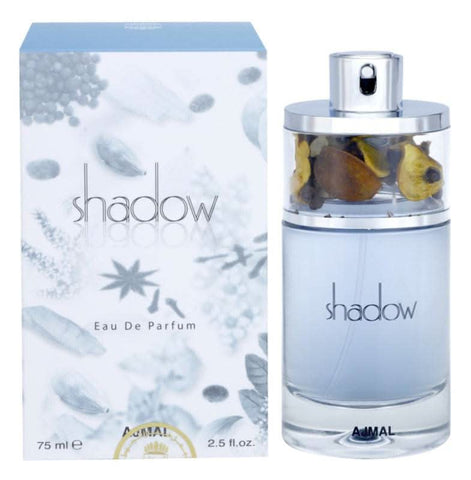 Ajmal Shadow for Men Eau De Parfum 75ml bottle, front view showcasing sleek design and label details.