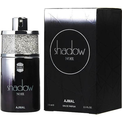 Ajmal Shadow Noir Eau De Parfum for women in 75ml bottle with packaging, featuring a sleek black and gold design.