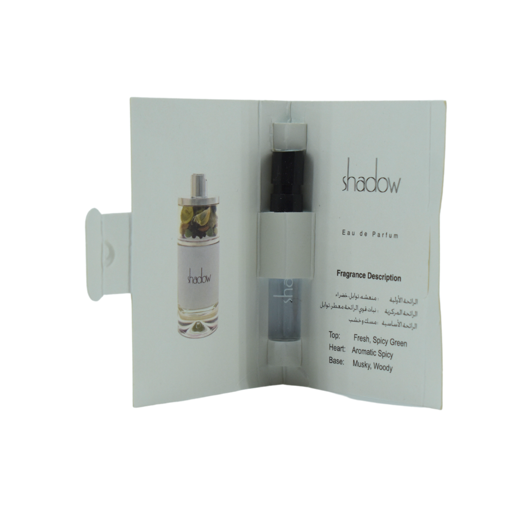 Ajmal Shadow Silver Eau De Parfum 1ML sample bottle with packaging, showcasing the sleek silver design and fragrance details.