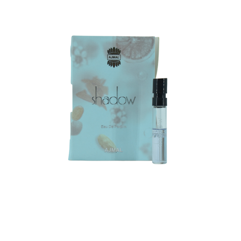 Ajmal Shadow Silver Eau de Parfum 1ML sample bottle with sleek silver design and clear label, showcasing the fragrance sample.