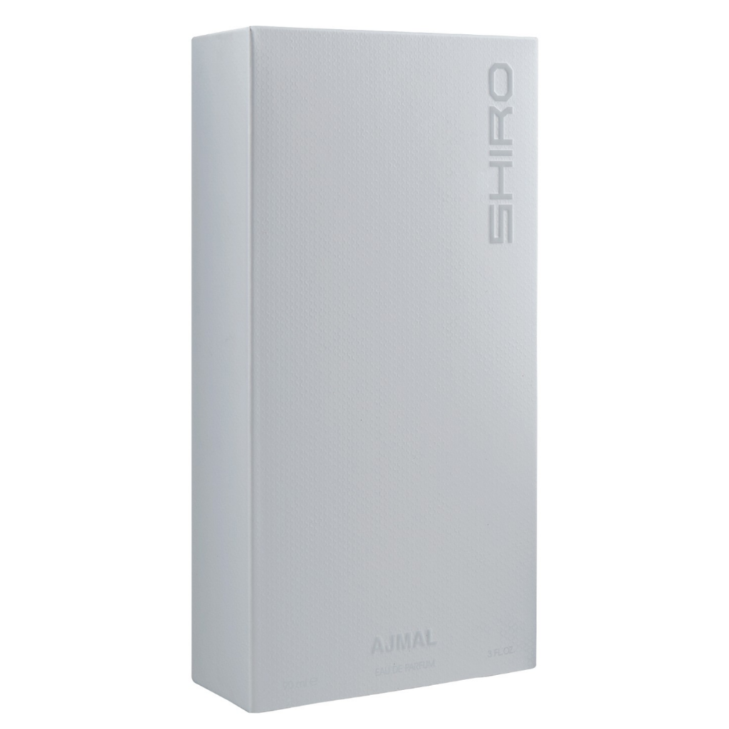 Ajmal Shiro for Men Eau De Parfum 90ml bottle with silver cap, showcasing elegant packaging and sleek design.