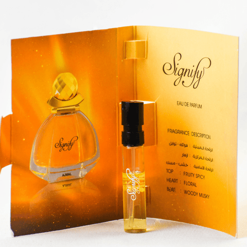 Ajmal Signify EDP sample for women in a 1ml vial with black cap, showcasing the fragrance bottle and label.