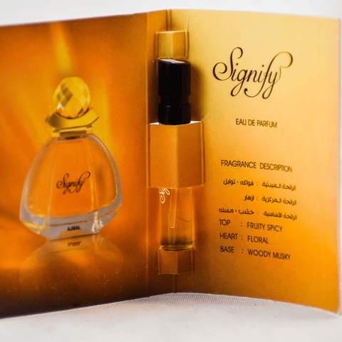 Ajmal Signify EDP sample for women in a 1ml vial with label, showcasing the fragrance sample packaging.