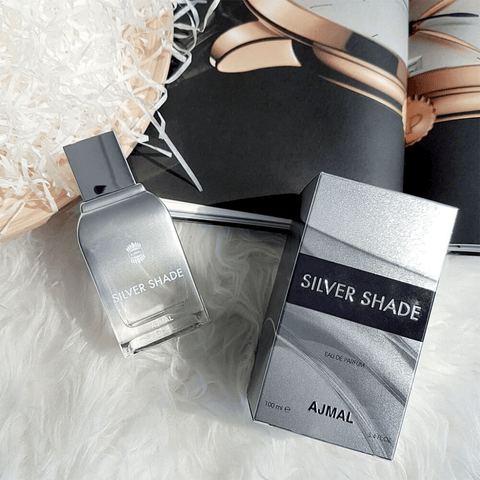 Silver Shade for Men Eau De Parfum by Ajmal in 100ml bottle, with a close-up of the cap and sleek silver design.