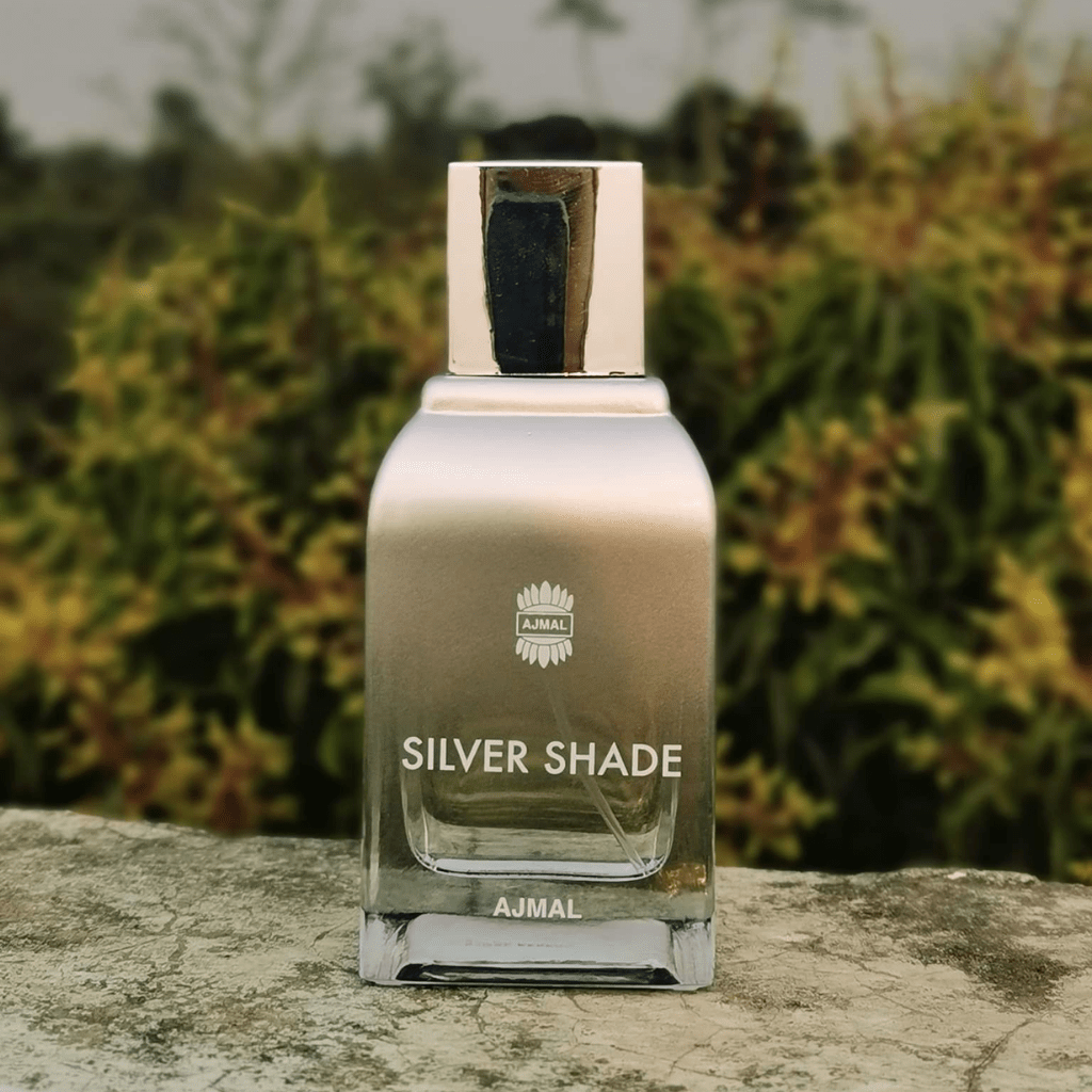 Silver Shade Eau De Parfum for Men by Ajmal, 100ml bottle featuring sleek silver packaging and elegant design.