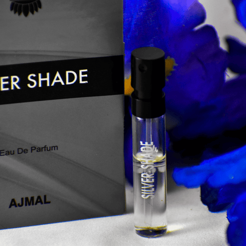 Sample of Ajmal Silver Shade Eau de Parfum for Men, 1ml, showcasing the sleek silver bottle and fragrance cap.