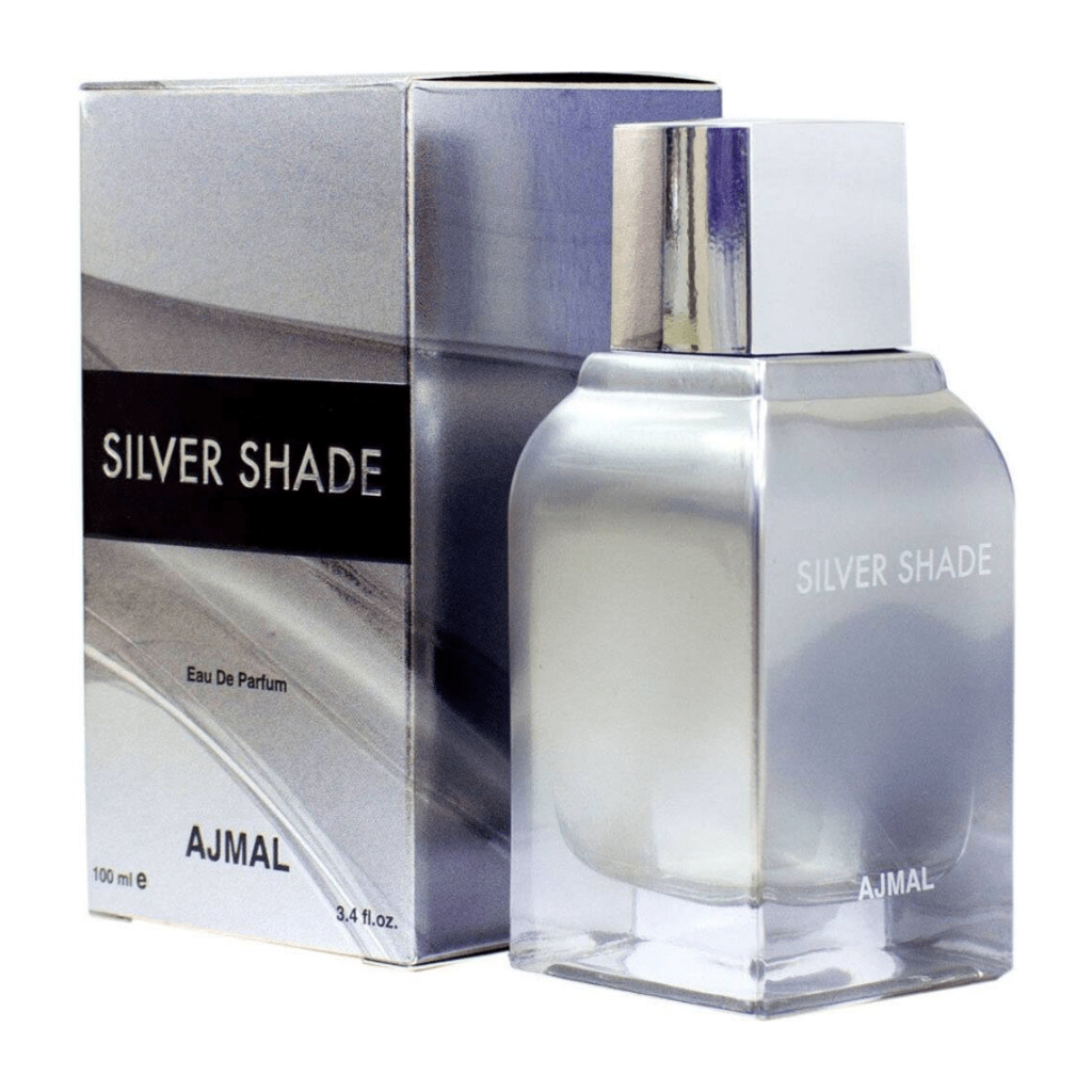 Silver Shade Men EDP by Ajmal in 100ml bottle, showcasing the sleek silver packaging and elegant perfume design.
