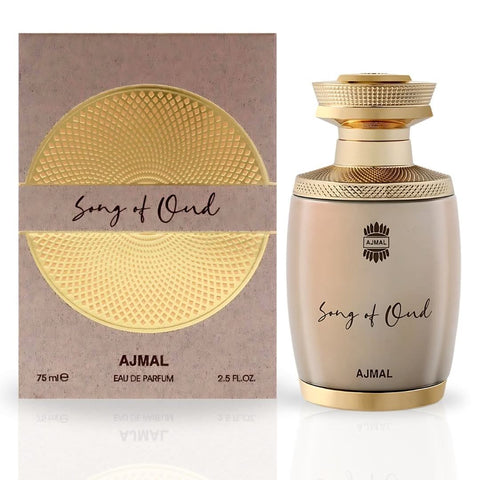 Ajmal Song of Oud EDP spray 75ML bottle with floral and luxurious scent, showcasing elegant perfume design.
